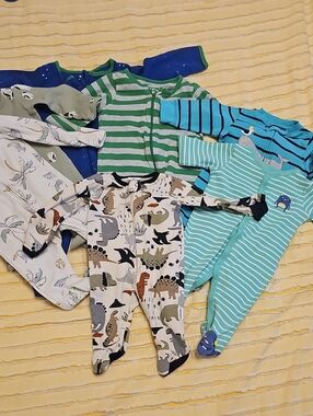 Varioua- Mixed Stripe & Dino Footed One-Pieces - Green, Blue, Aqua